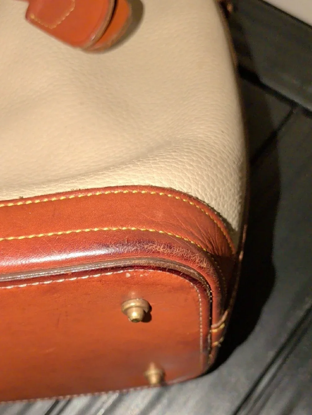 Dooney & Bourke Cream and Brown Drawstring Bucket Bag